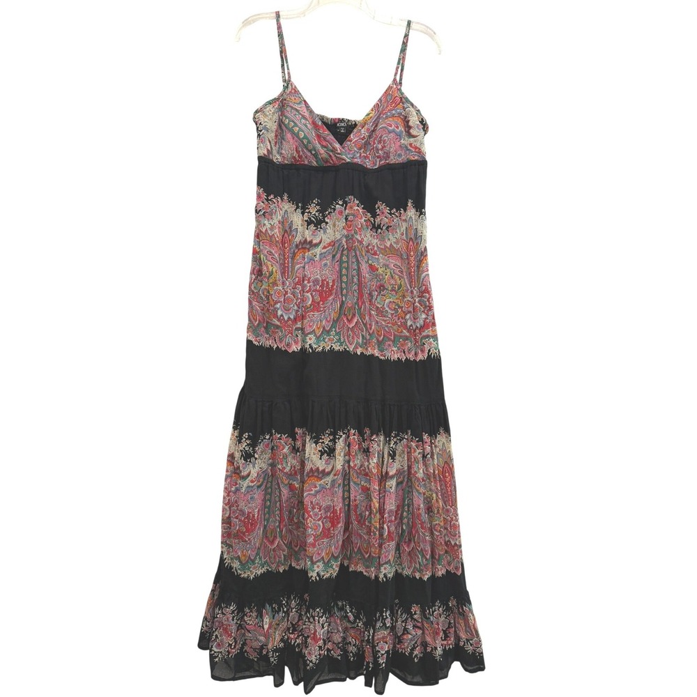 Vtg XOXO Black Paisley Floral 100% Cotton Tiered Maxi Dress Small Boho Festival‎